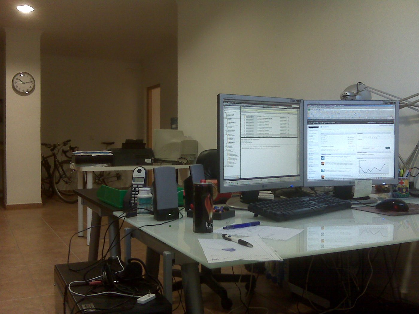 Sergi's desk at the office on Carrer de Llull, Barcelona, May 2009: two monitors and an FC Barcelona mug